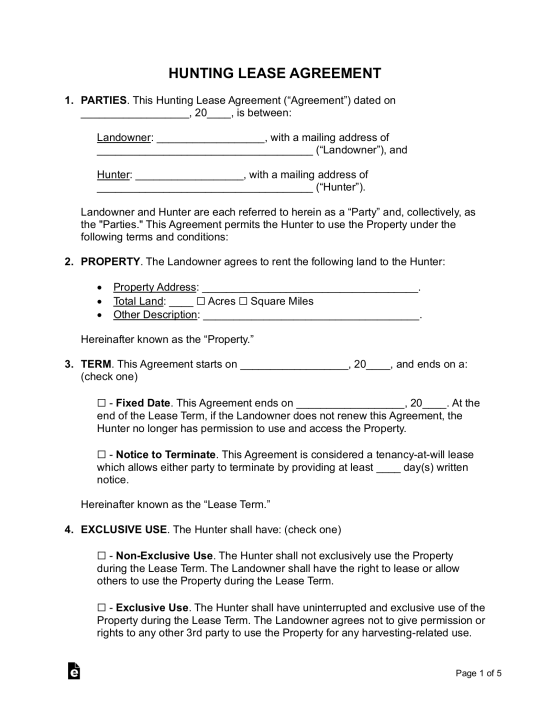 Free Hunting Lease Agreement PDF Word EForms
