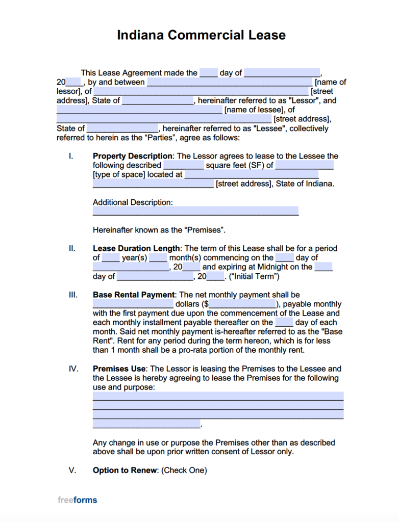 Free Indiana Commercial Lease Agreement Template PDF WORD