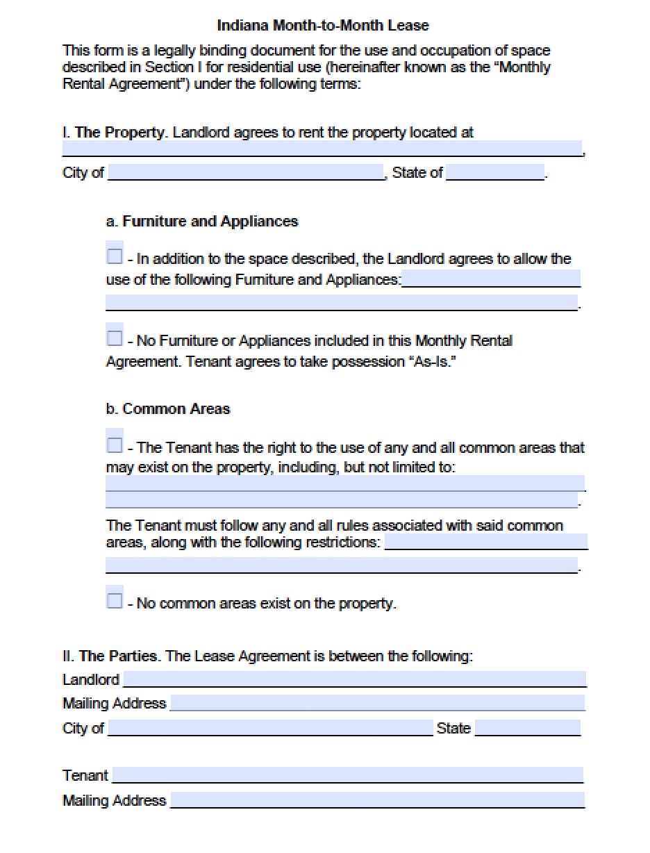 Free Indiana Rental Lease Agreement Templates PDF Word