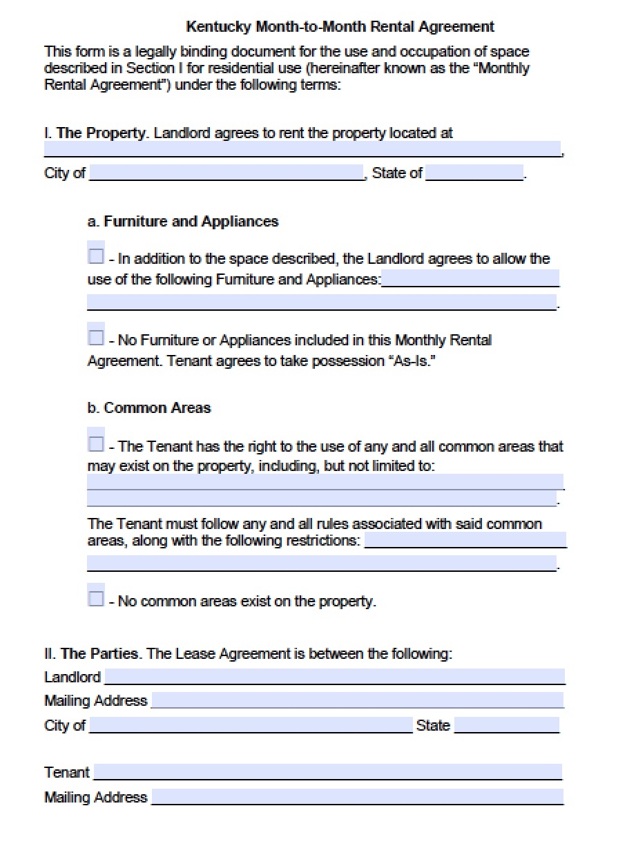 Free Kentucky Month to Month Lease Agreement Template PDF Word