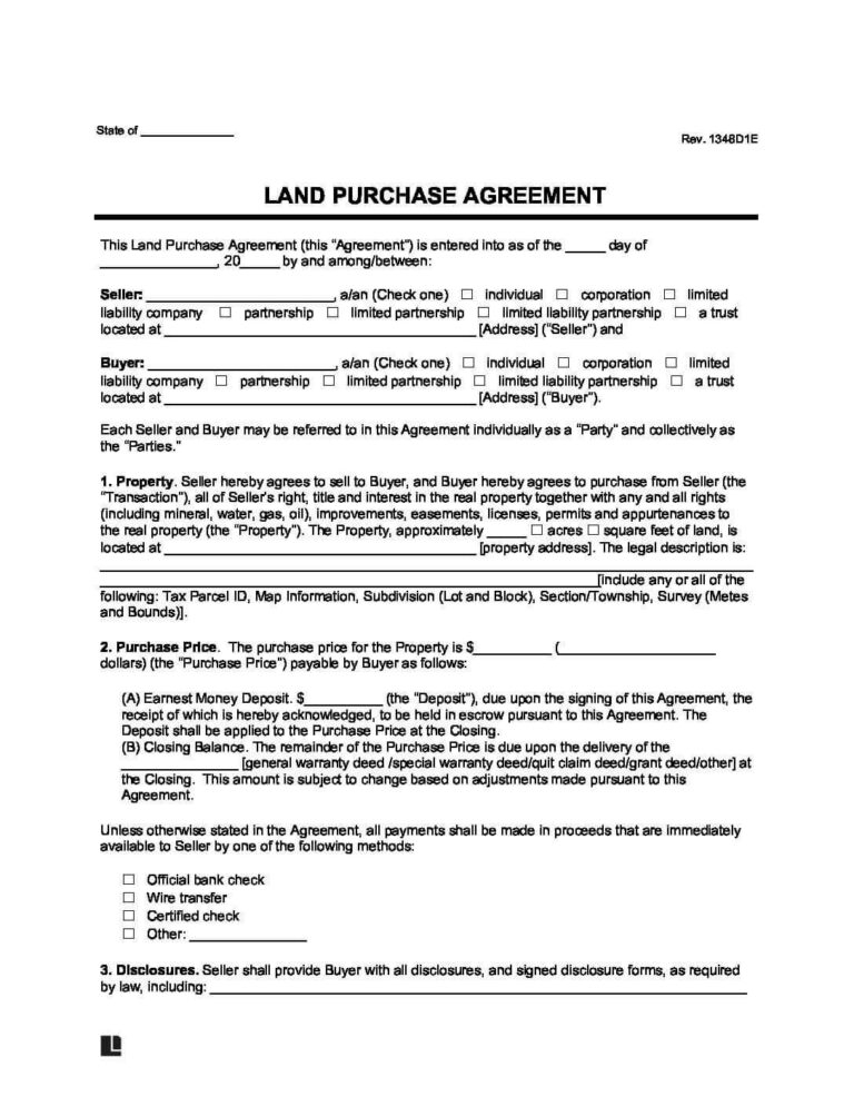 Free Land Purchase Agreement Form PDF Word