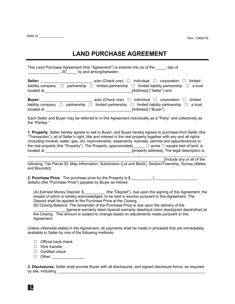 Free Land Purchase Agreement Form PDF Word