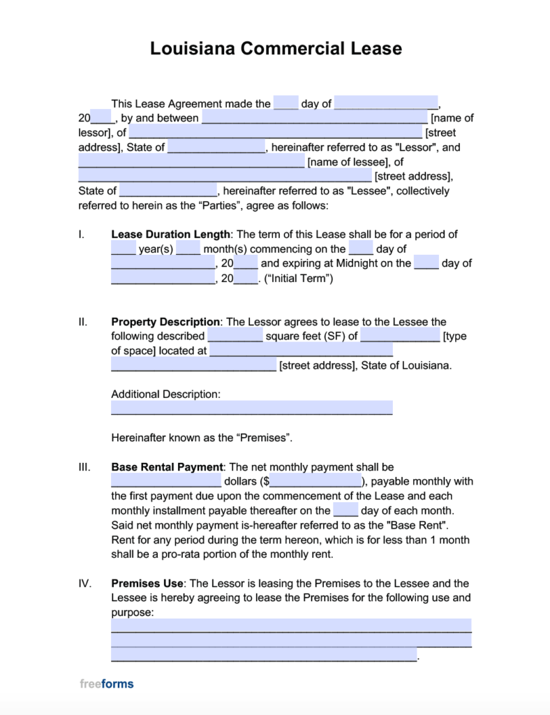 Free Louisiana Commercial Lease Agreement Template PDF WORD Printable 