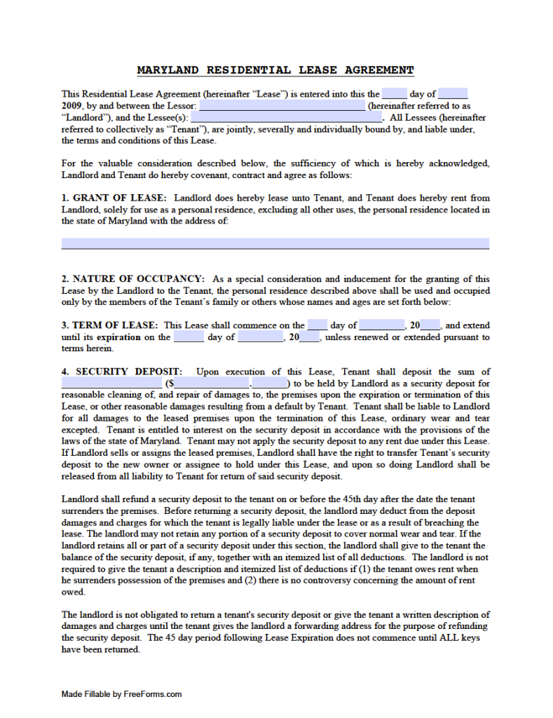 Free Maryland Standard Residential Lease Agreement Template PDF WORD