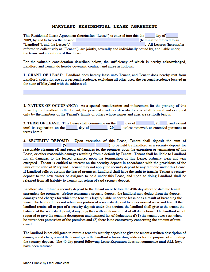 Free Maryland Standard Residential Lease Agreement Template PDF WORD