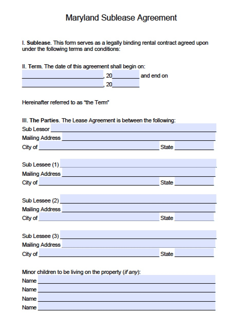 Free Maryland Sublease Agreement Template PDF Word