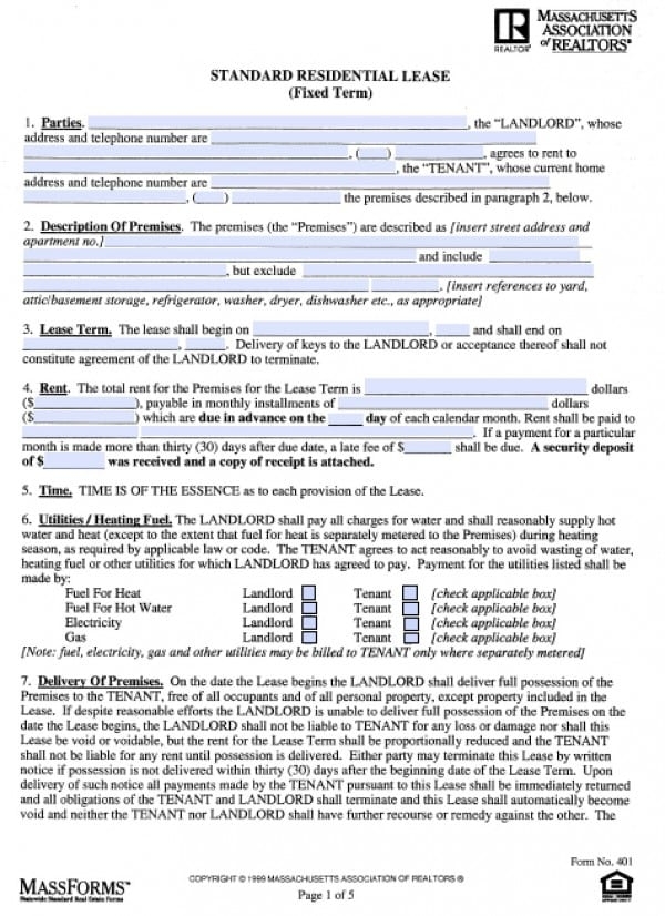 Free Massachusetts One 1 Year Residential Lease Agreement PDF Word