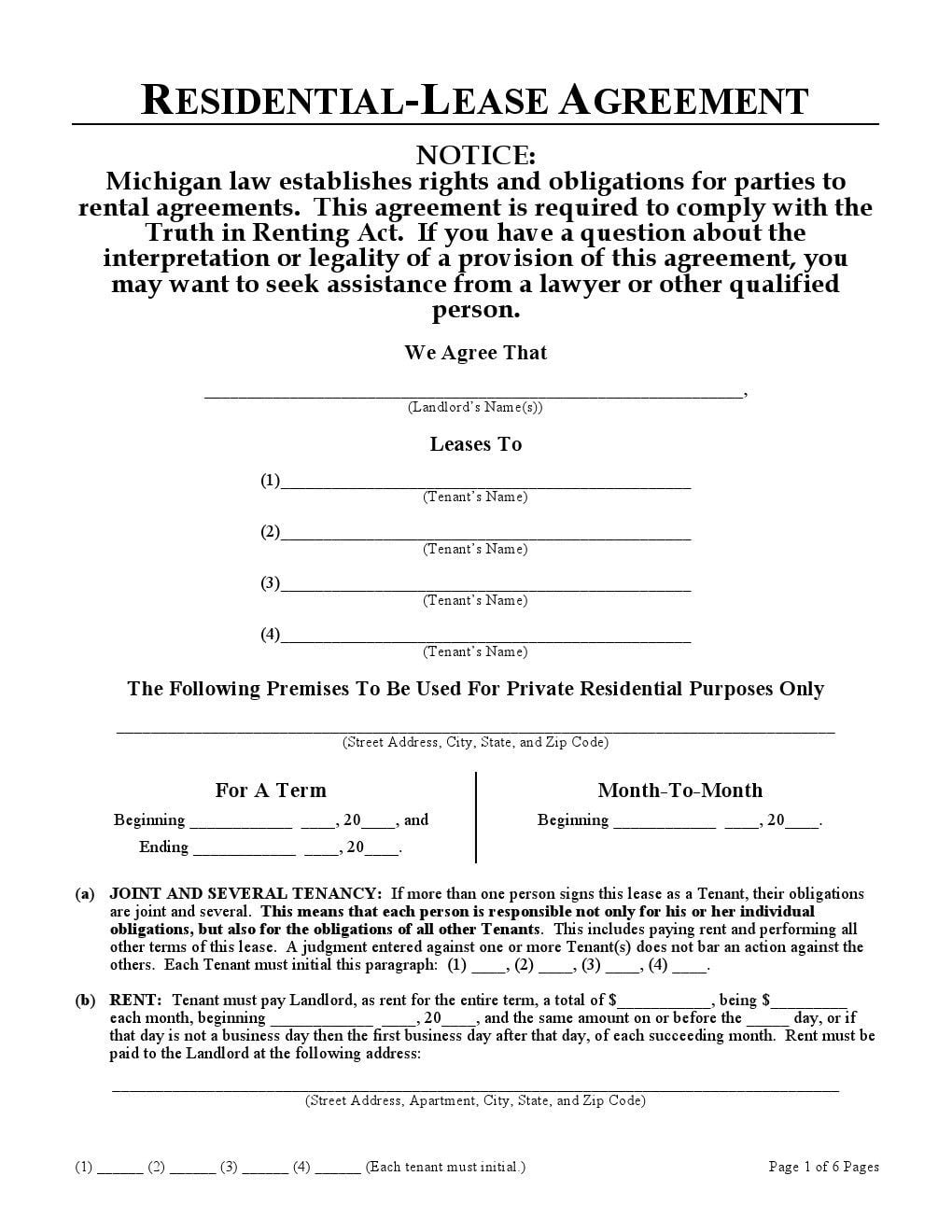 Free Michigan Printable Lease Agreement PDF Templates