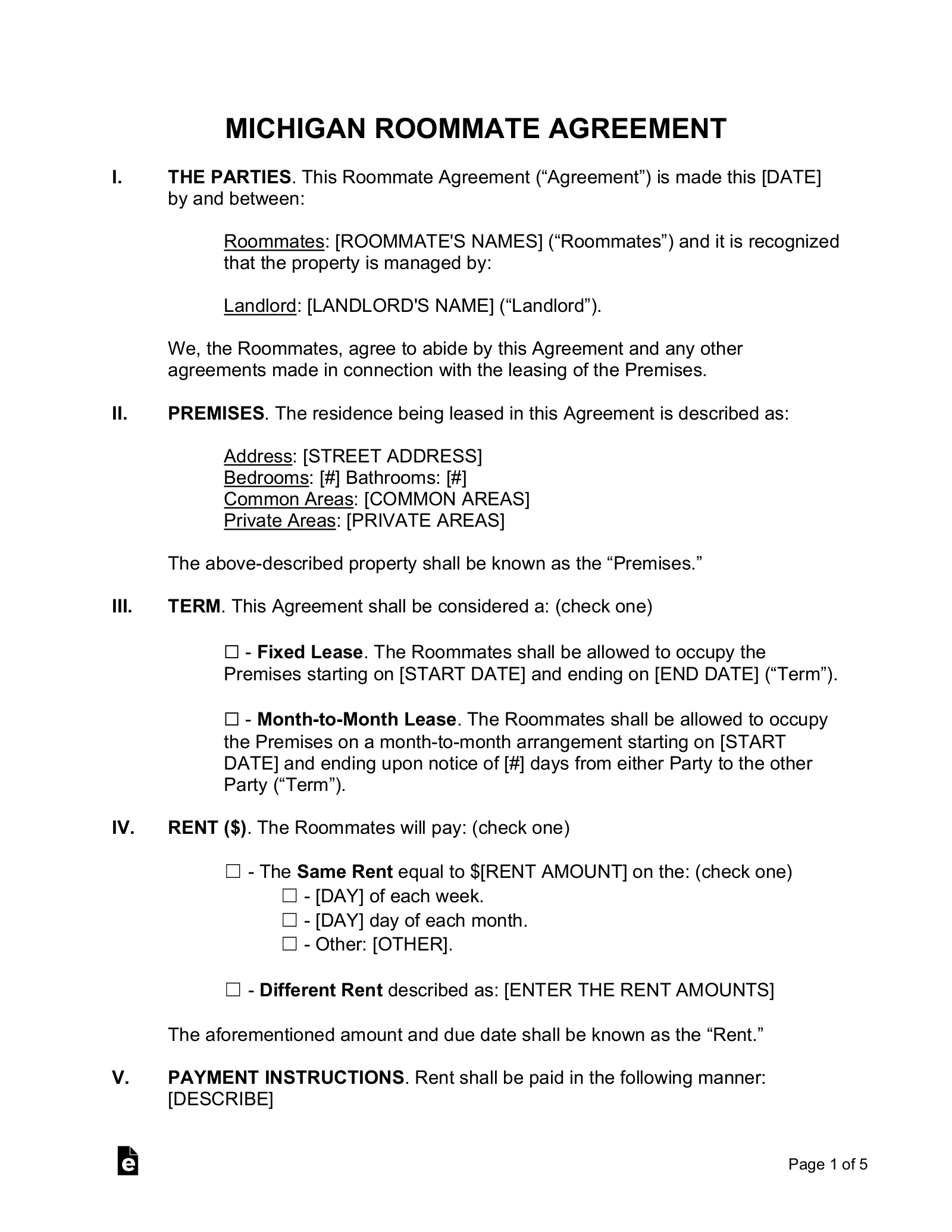 Free Michigan Roommate Agreement Template PDF Word EForms