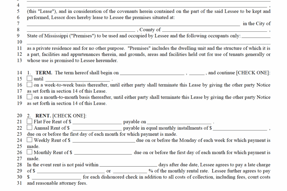 Free Mississippi Standard Residential Lease Agreement PDF WORD