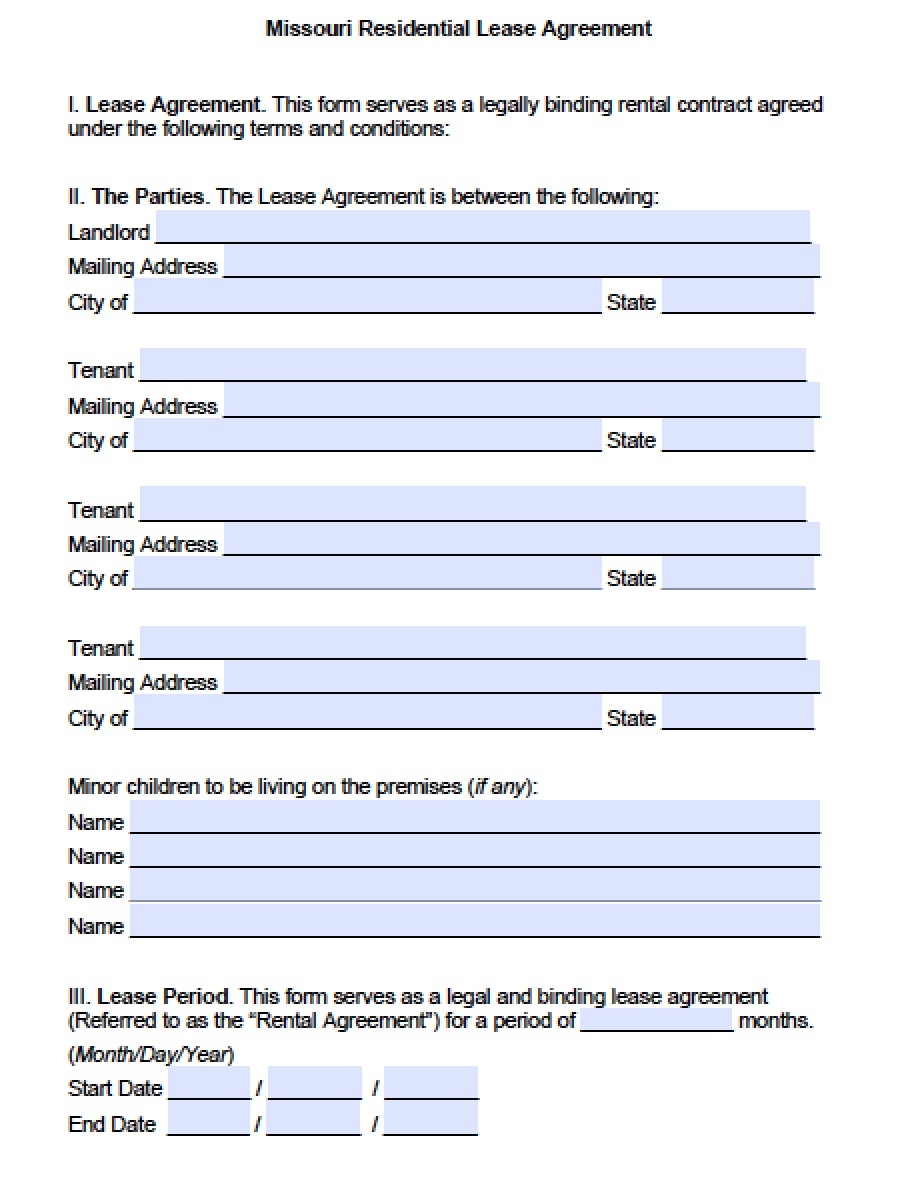 Free Missouri Residential Lease Agreement PDF Word doc 