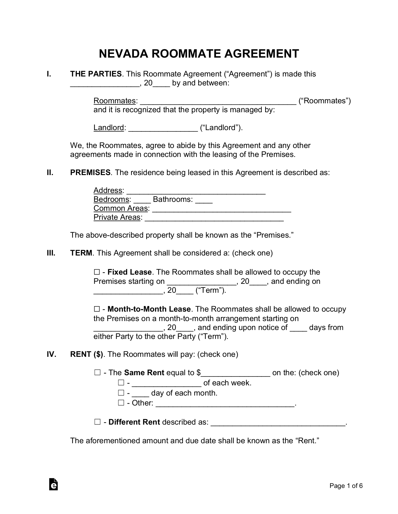 Free Nevada Roommate Agreement Template PDF Word EForms