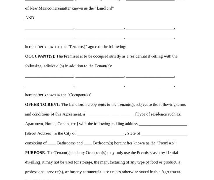 Free New Mexico Standard Residential Lease Agreement Form Bounce