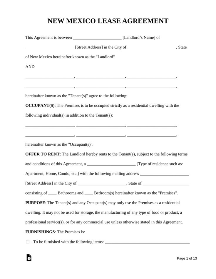Free New Mexico Standard Residential Lease Agreement Form Bounce 