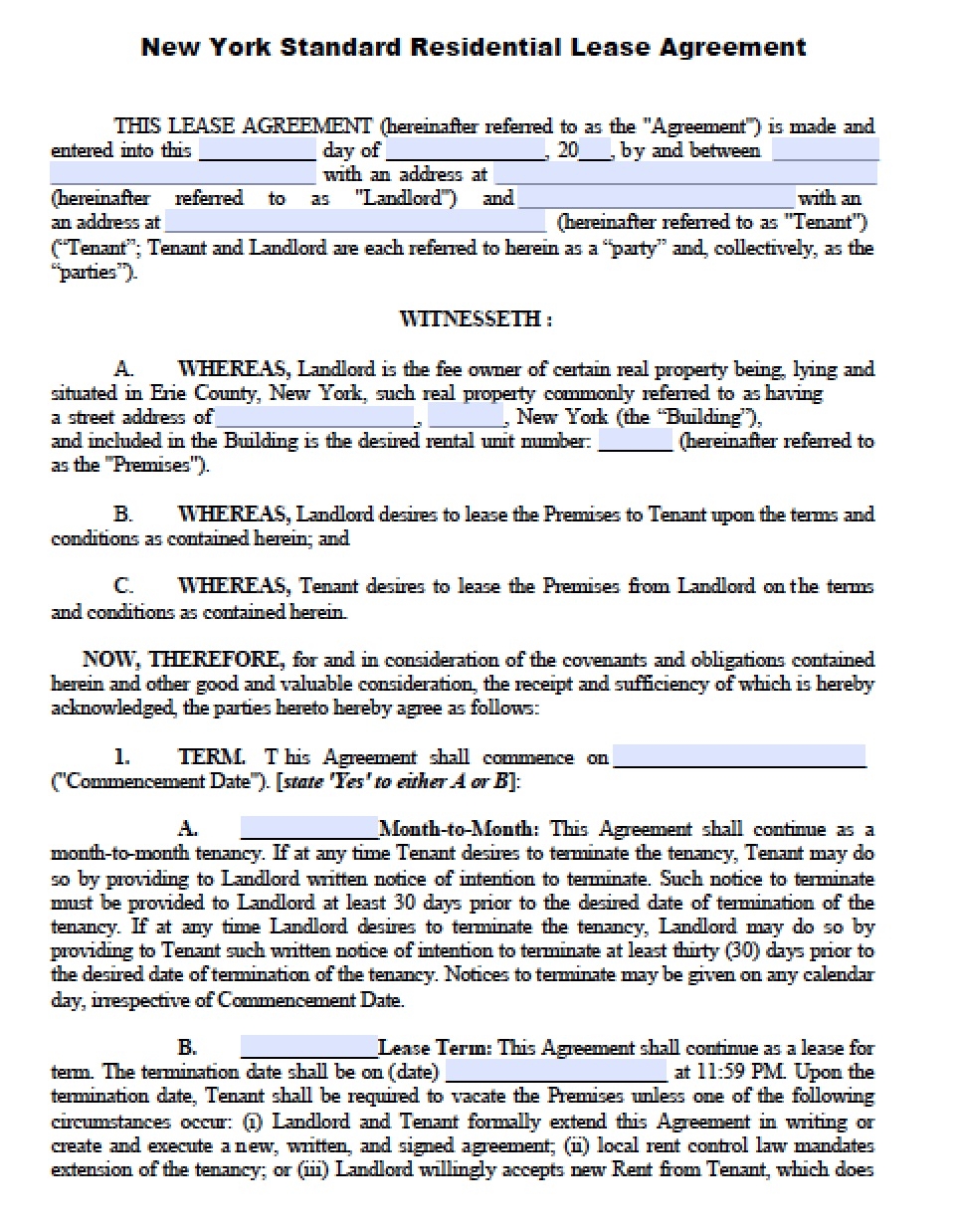 Free New York Standard Residential Lease Agreement Template PDF Word