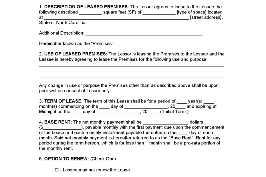 Free North Carolina Commercial Lease Agreement Template PDF Word