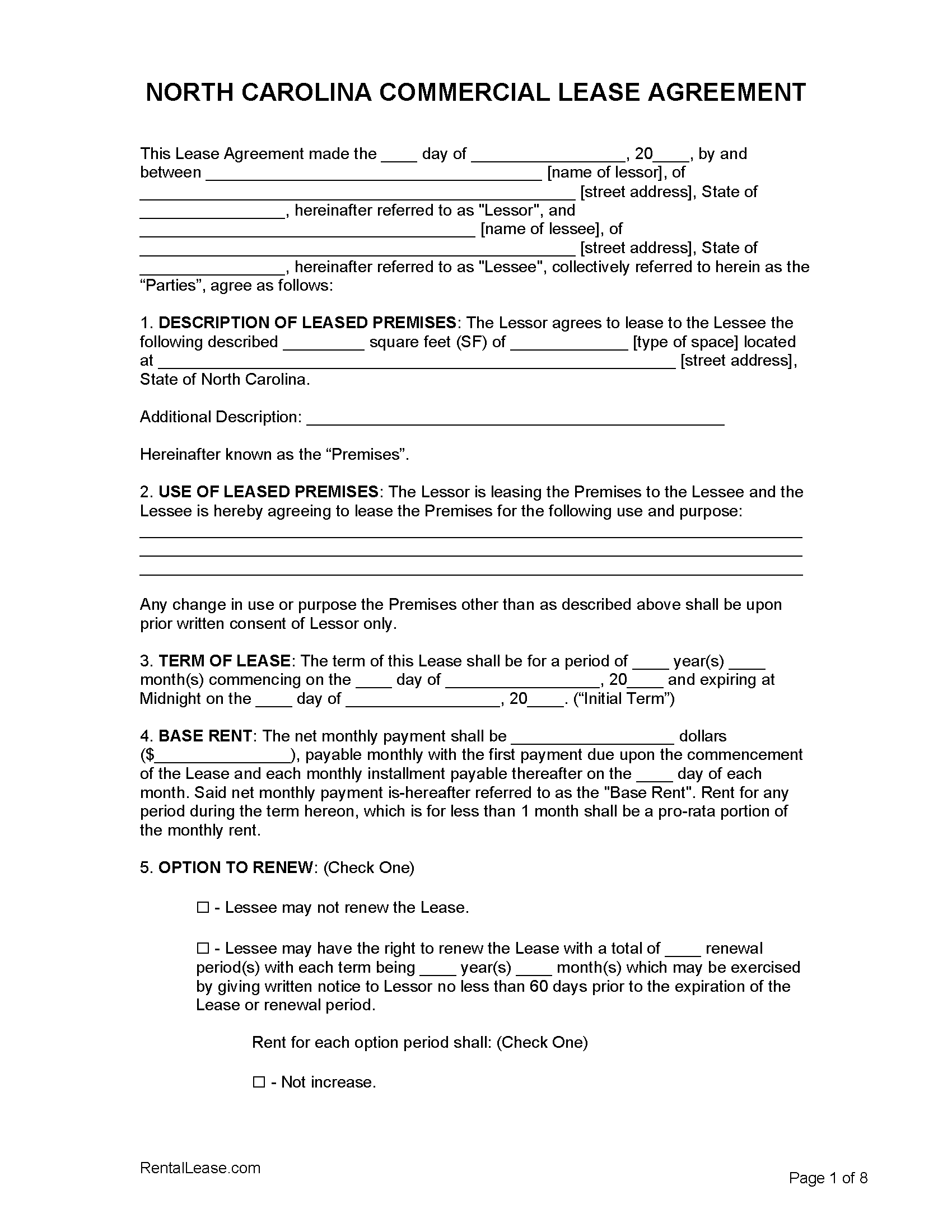 Free North Carolina Commercial Lease Agreement Template PDF Word