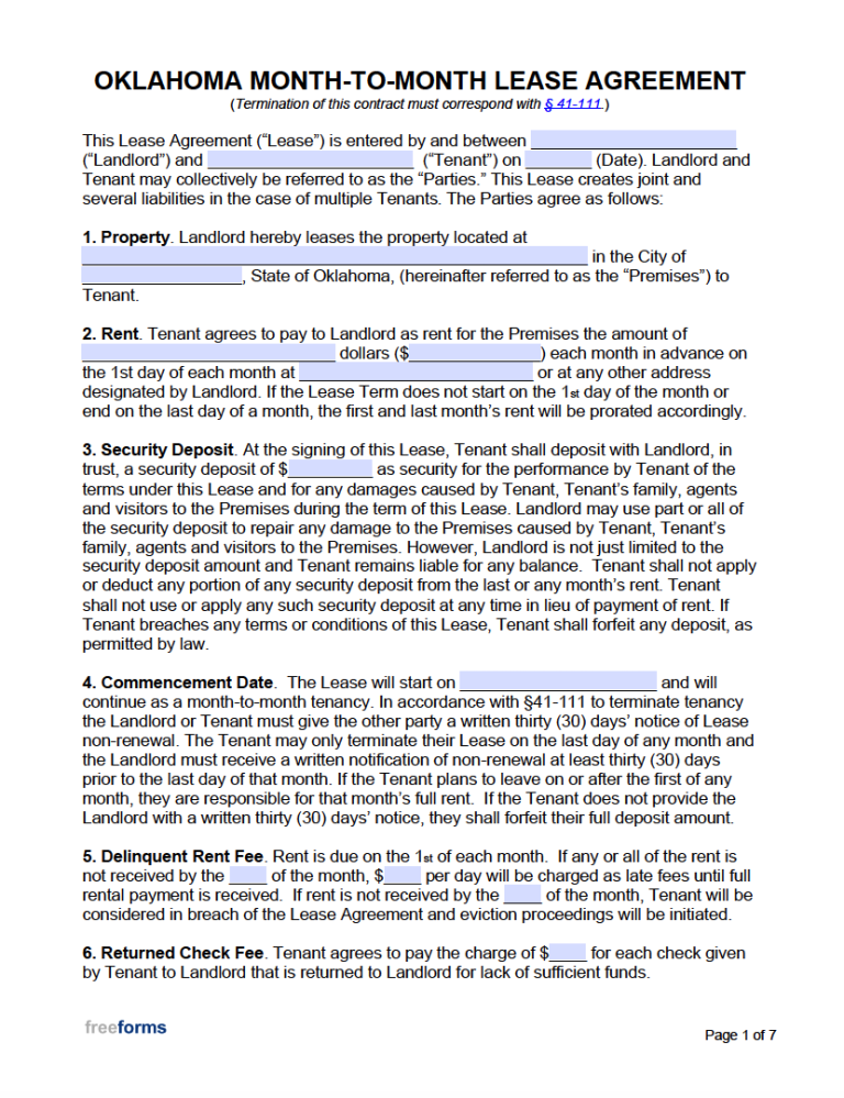 Free Oklahoma Month To Month Lease Agreement Template PDF WORD