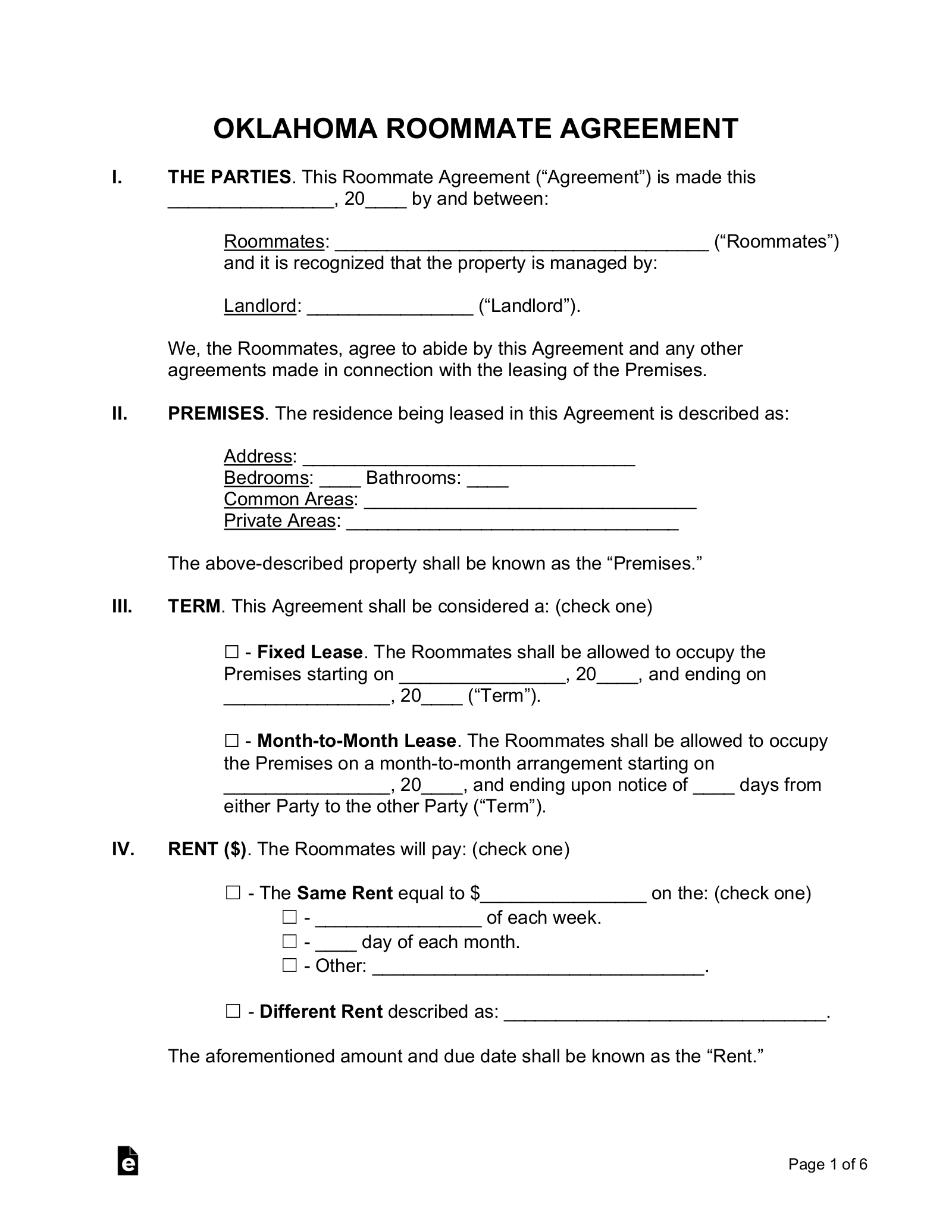 Free Oklahoma Roommate Agreement Form PDF Word EForms
