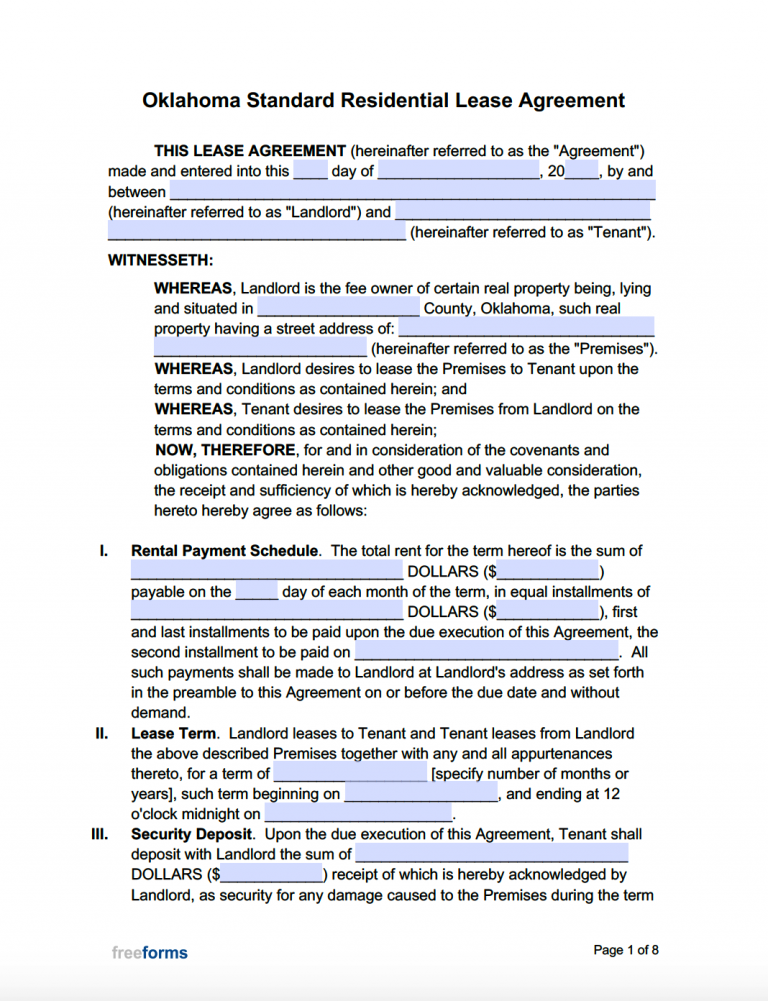 Free Oklahoma Standard Residential Lease Agreement Template PDF WORD 