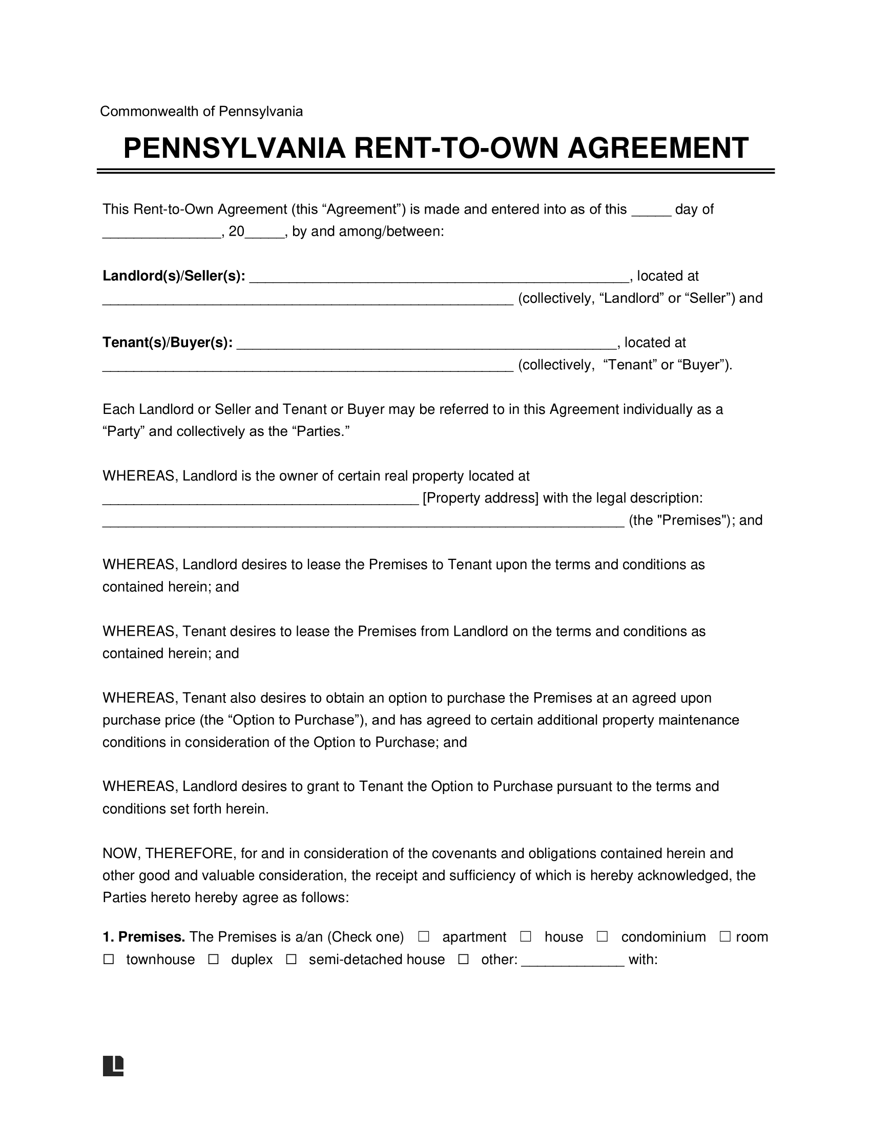 Free Pennsylvania Rent to Own Lease Agreement Template PDF Word