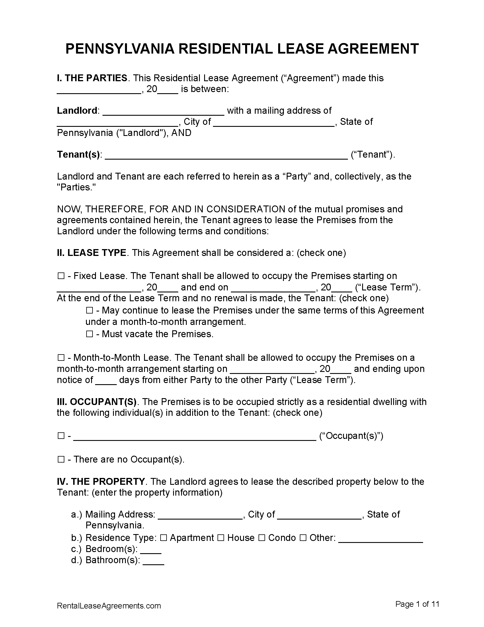 Free Pennsylvania Residential Lease Agreement PDF