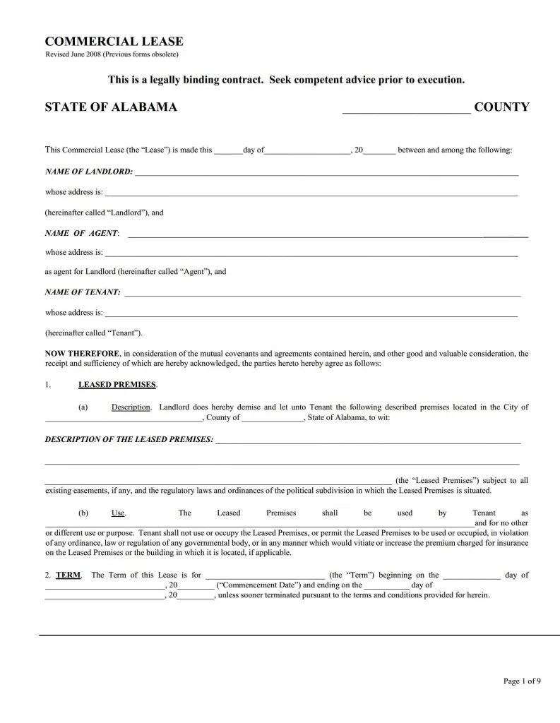 Free Printable Alabama Rental Agreement
