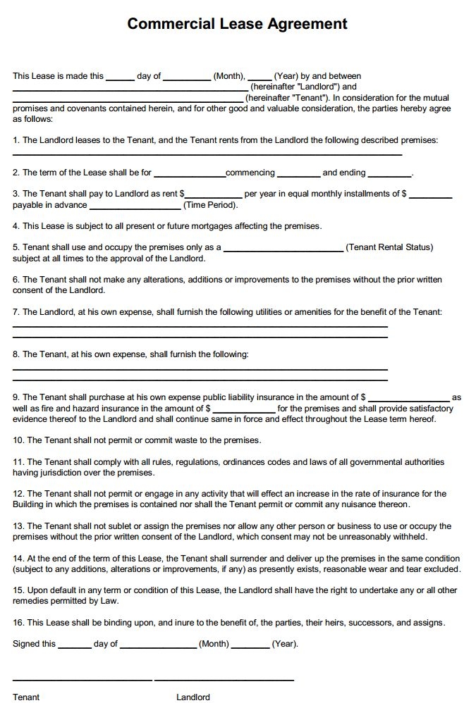 Free Printable Commercial Lease Agreement Template