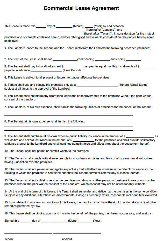 Free Printable Commercial Lease Agreement Template