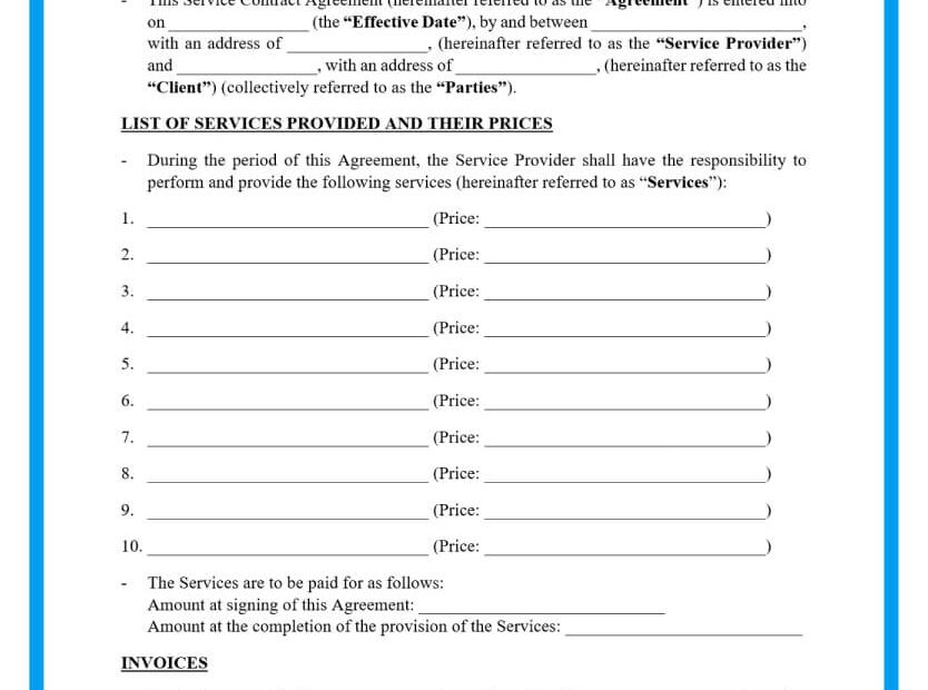 Free Printable Construction Service Agreement Form Printable Forms