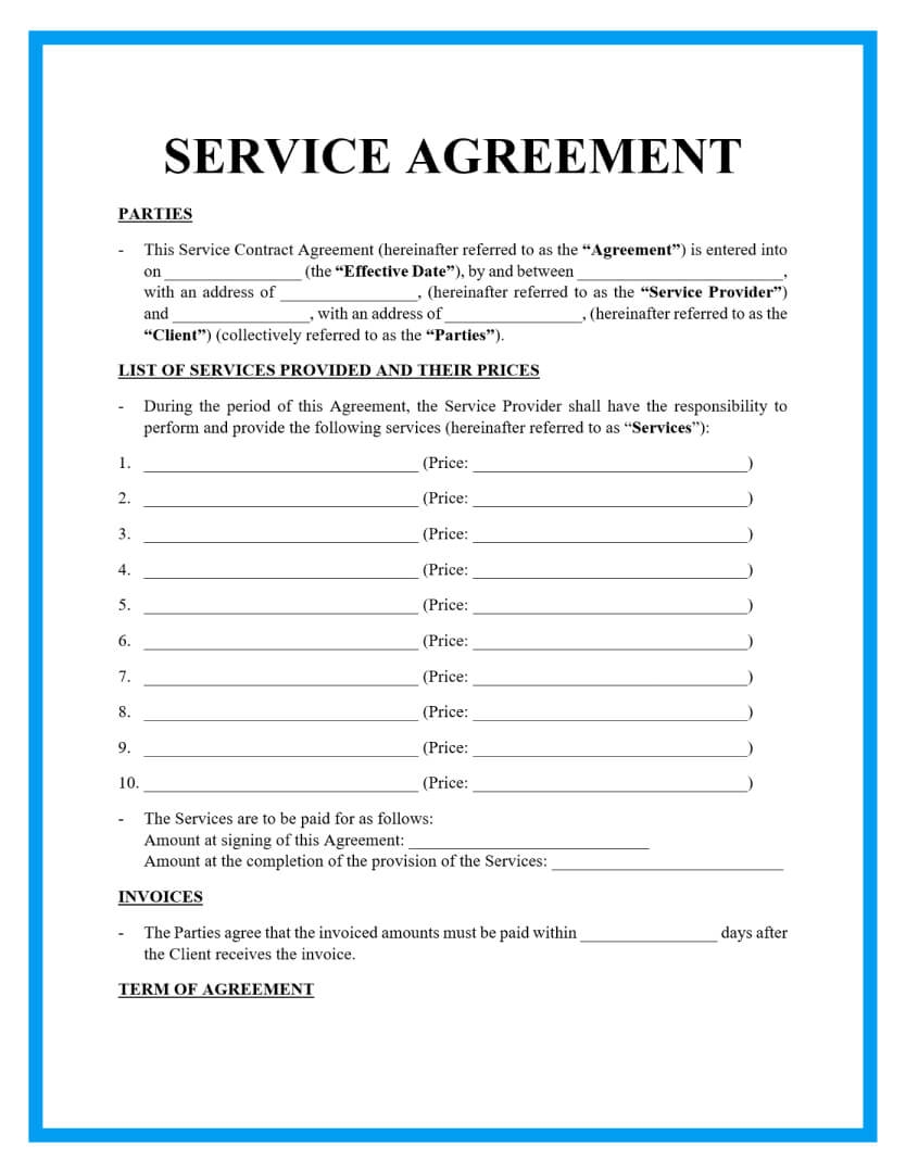 Free Printable Construction Service Agreement Form Printable Forms 