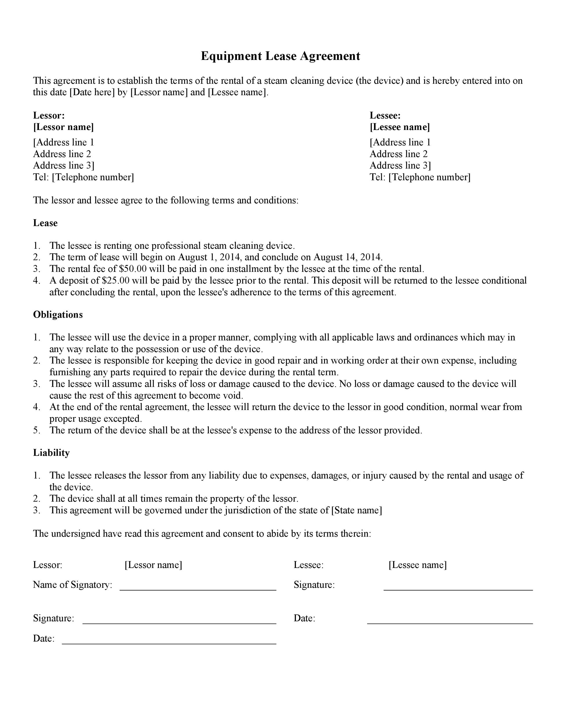 Free Printable Equipment Lease Agreement Free Templates Printable