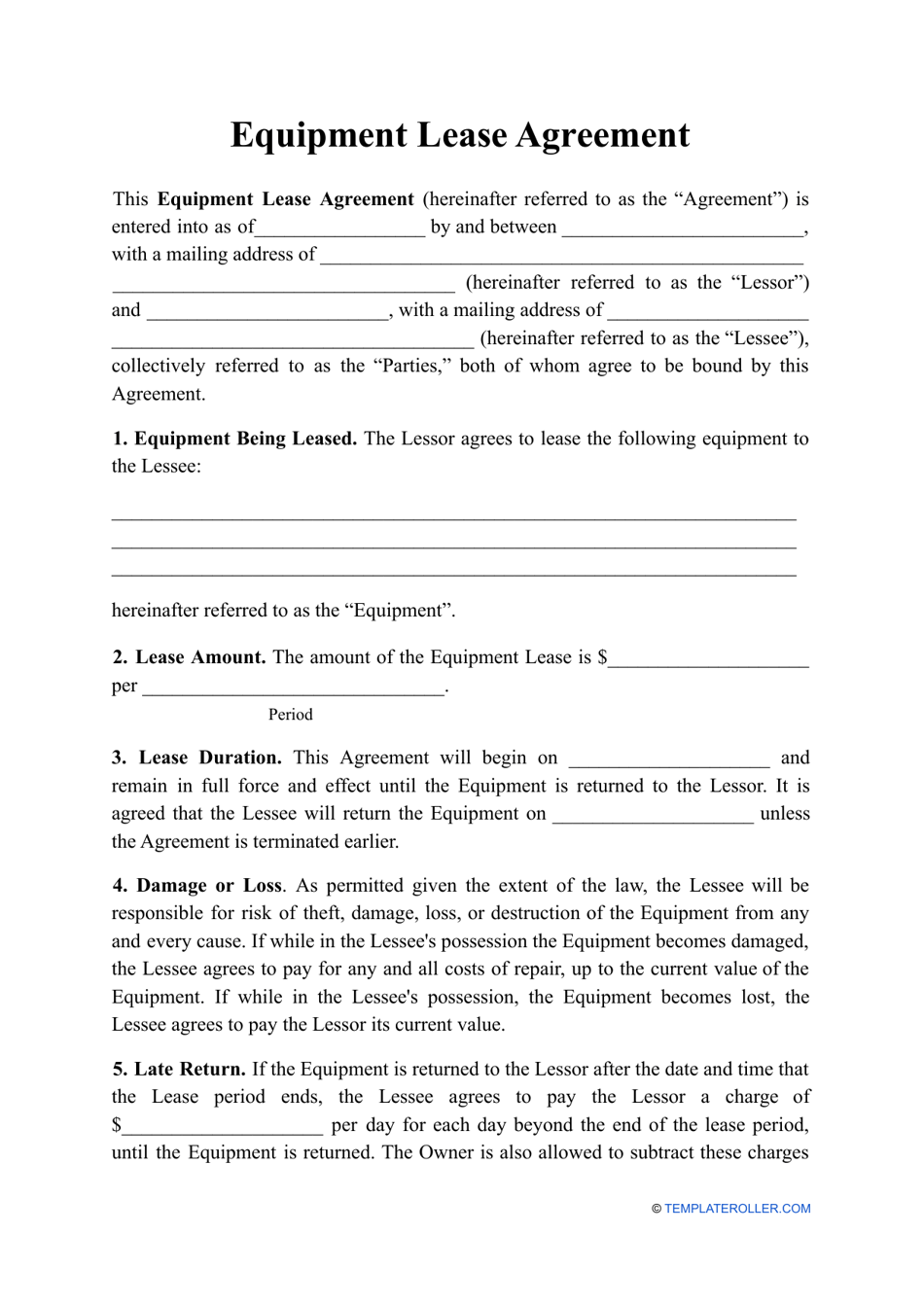 Free Printable Equipment Lease Agreement Free Templates Printable