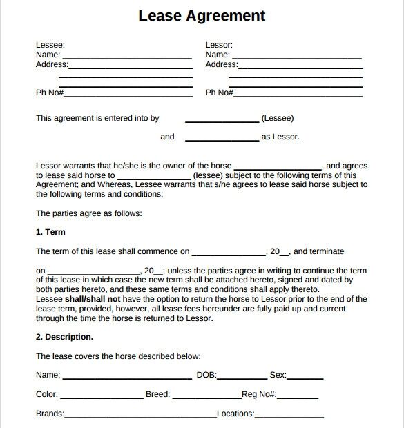 FREE Printable Horse Lease Agreement Printable Lease Agreement