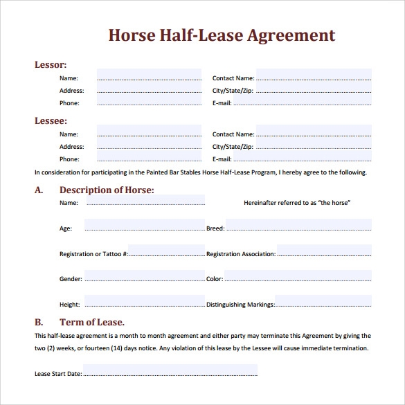 Free Printable Horse Lease Agreement Printable Templates