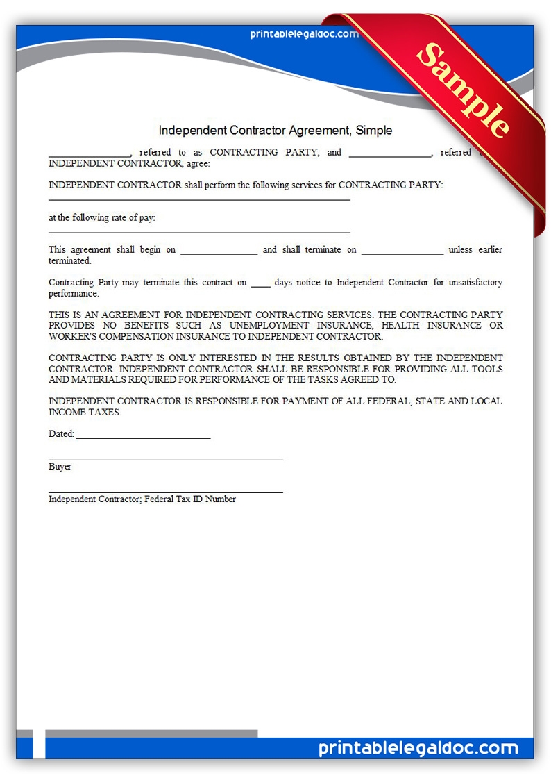Free Printable Independent Contractor Agreement Simple Form GENERIC 