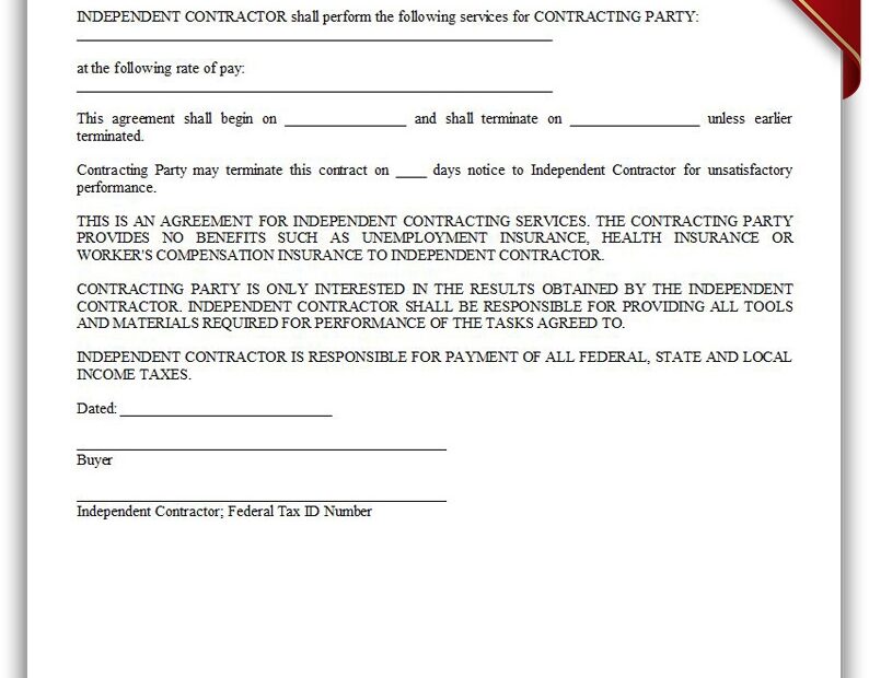 Free Printable Independent Contractor Agreement Simple Form GENERIC