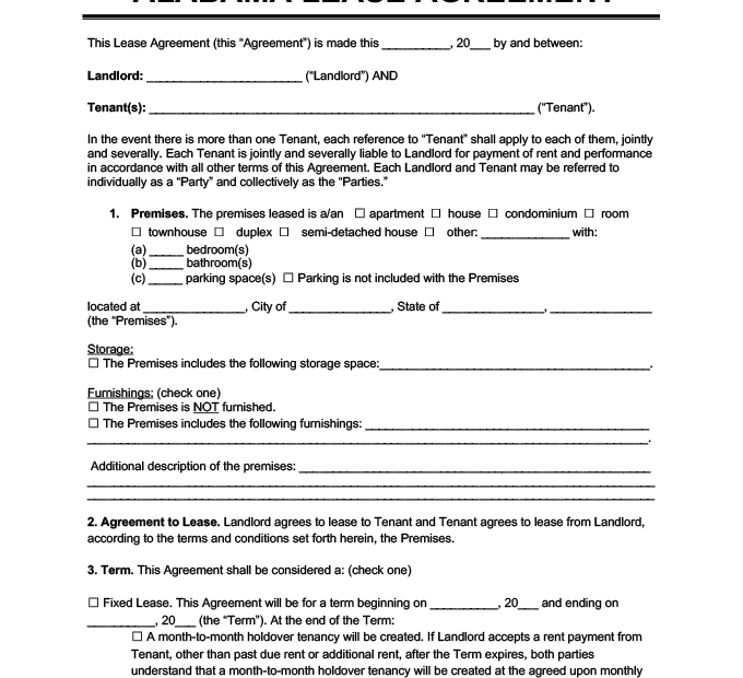 FREE Printable Lease Agreement Alabama Printable Lease Agreement