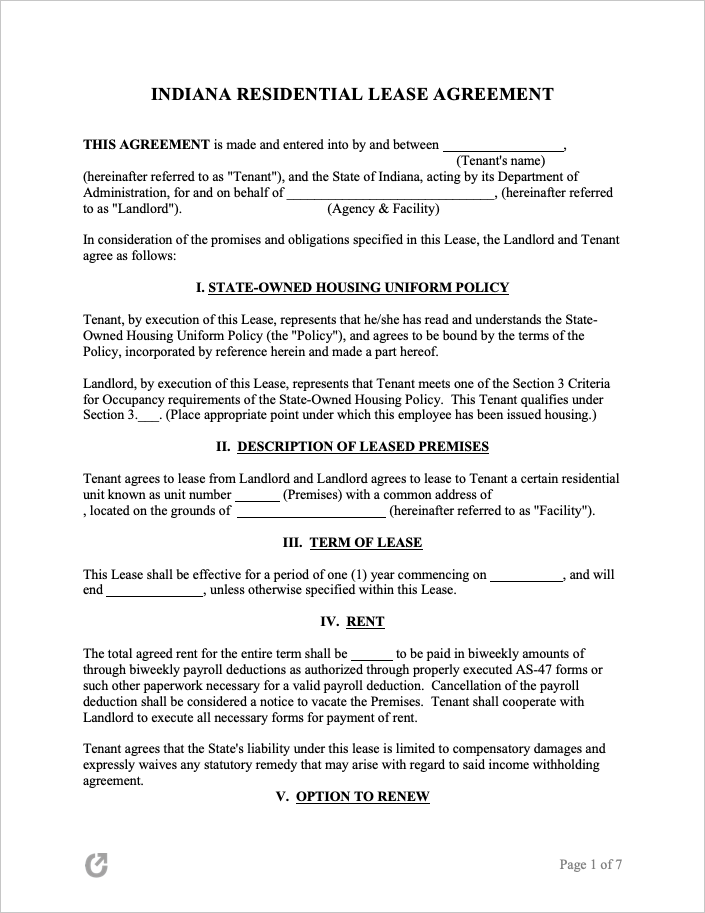 FREE Printable Lease Agreement Indiana Printable Lease Agreement