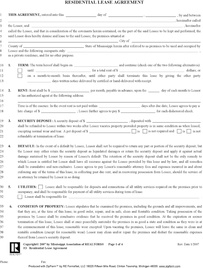 Free Printable Lease Agreement Mississippi Download Free Printable 