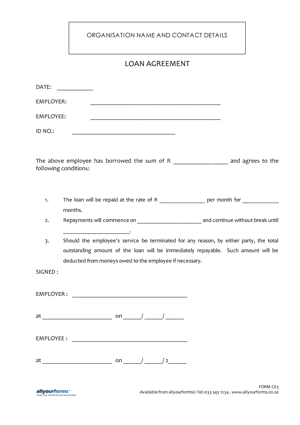 Free Printable Loan Template Form GENERIC 