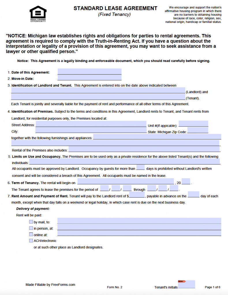 FREE Printable Michigan Residential Lease Agreement Printable Lease 