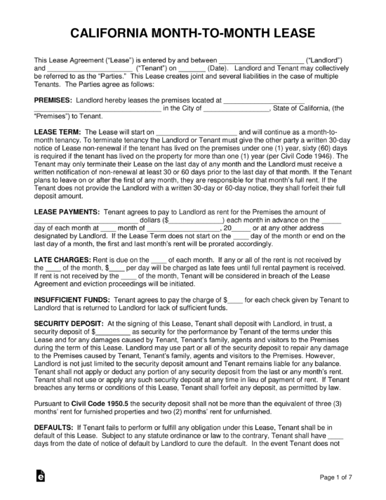 Free Printable Month To Month Rental Agreement California Printable 