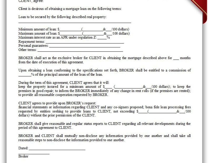 Free Printable Mortgage Broker Agreement Form GENERIC