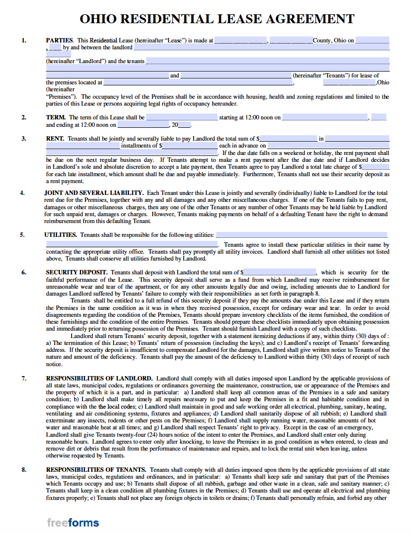 Free Printable Ohio Residential Lease Agreement Printable Forms Free 