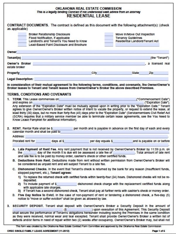FREE Printable Oklahoma Residential Lease Agreement Printable Lease 