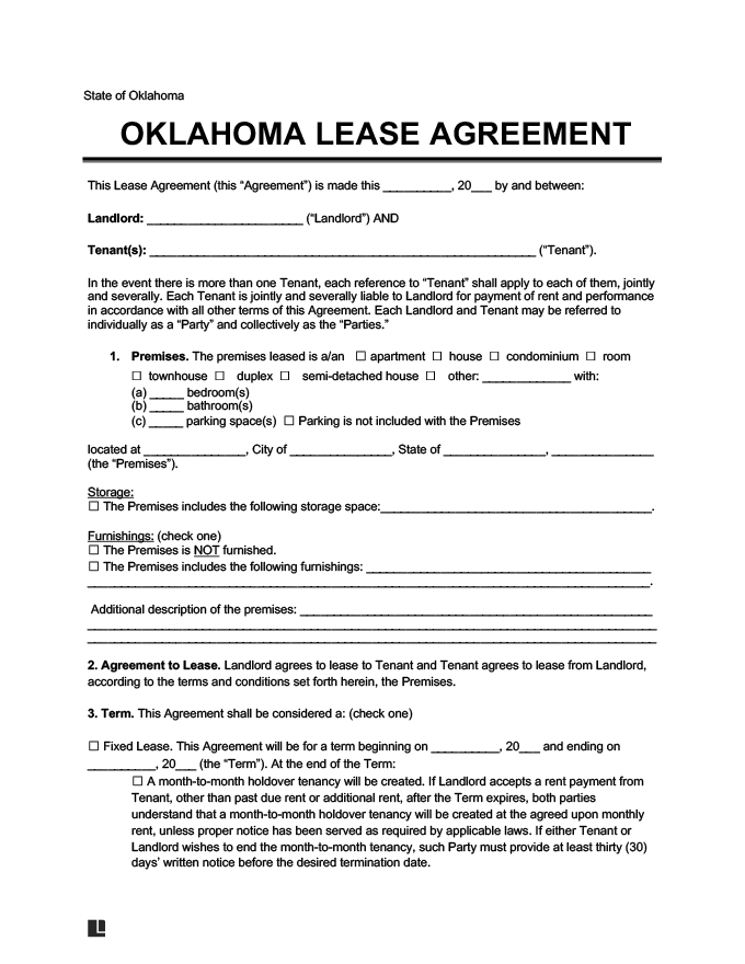 FREE Printable Oklahoma Residential Lease Agreement Printable Lease 
