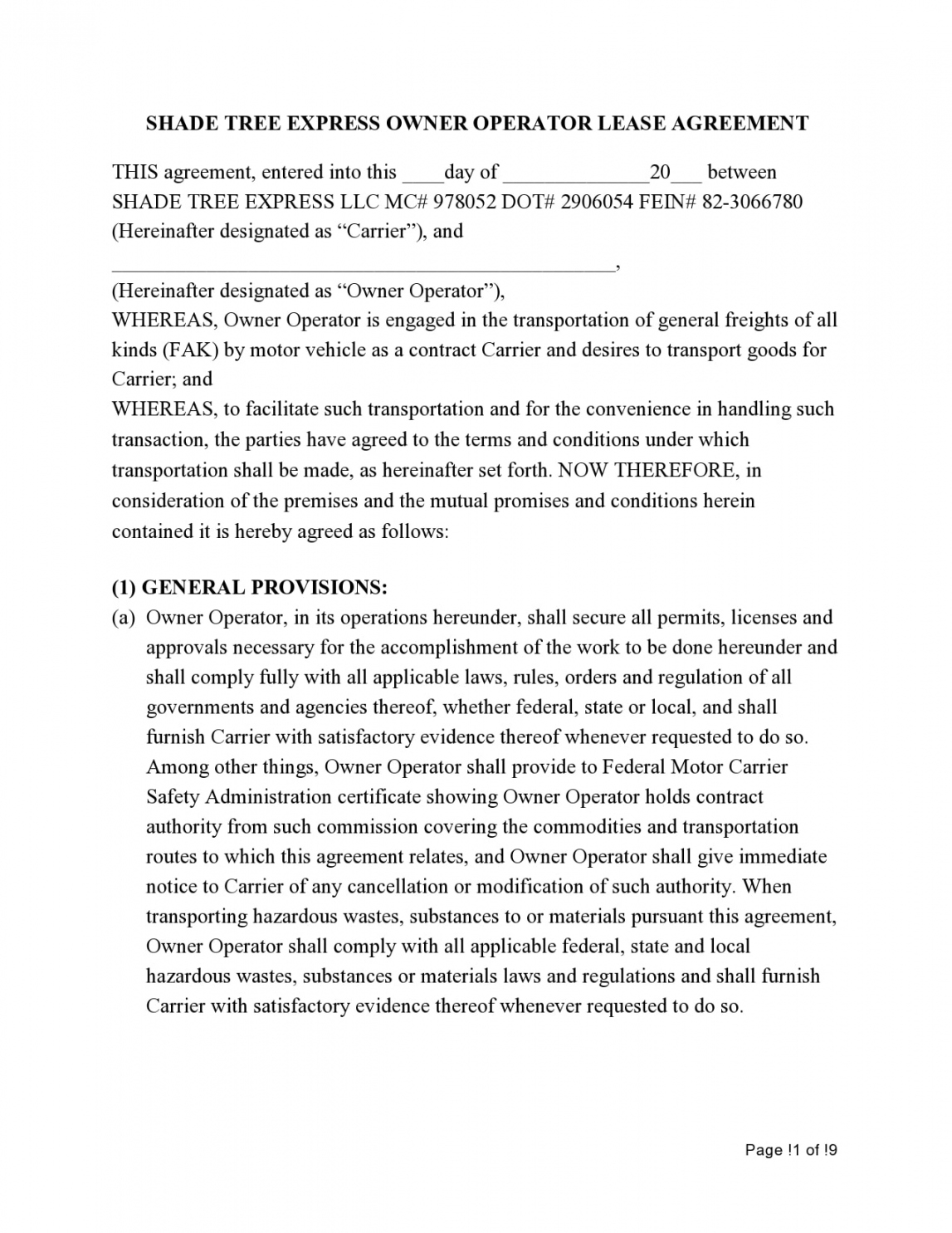 Free Printable Owner Operator Lease Agreement FREE Printable A Z