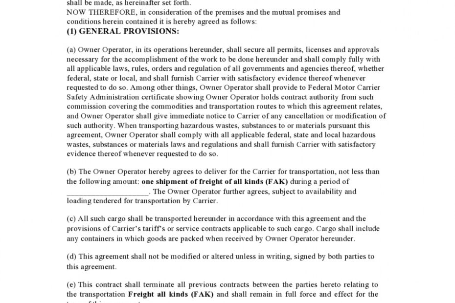 Free Printable Owner Operator Lease Agreement FREE Printable A Z