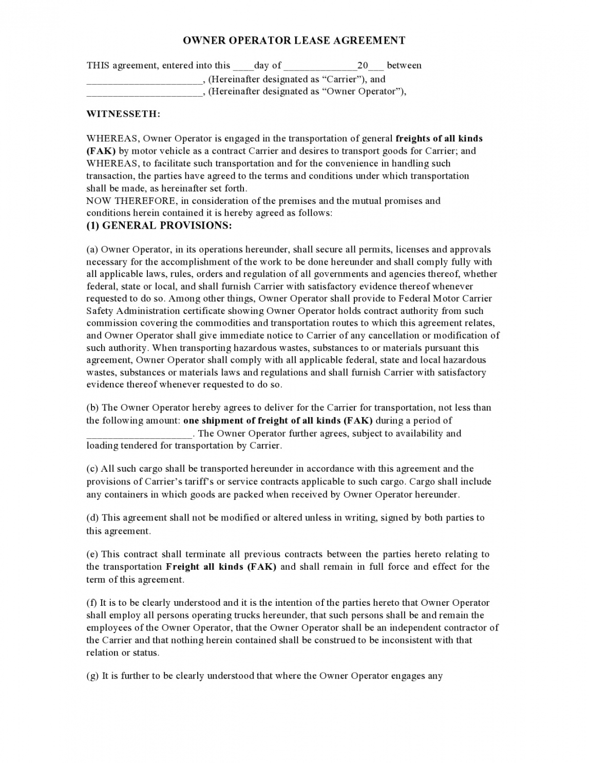 Free Printable Owner Operator Lease Agreement FREE Printable A Z